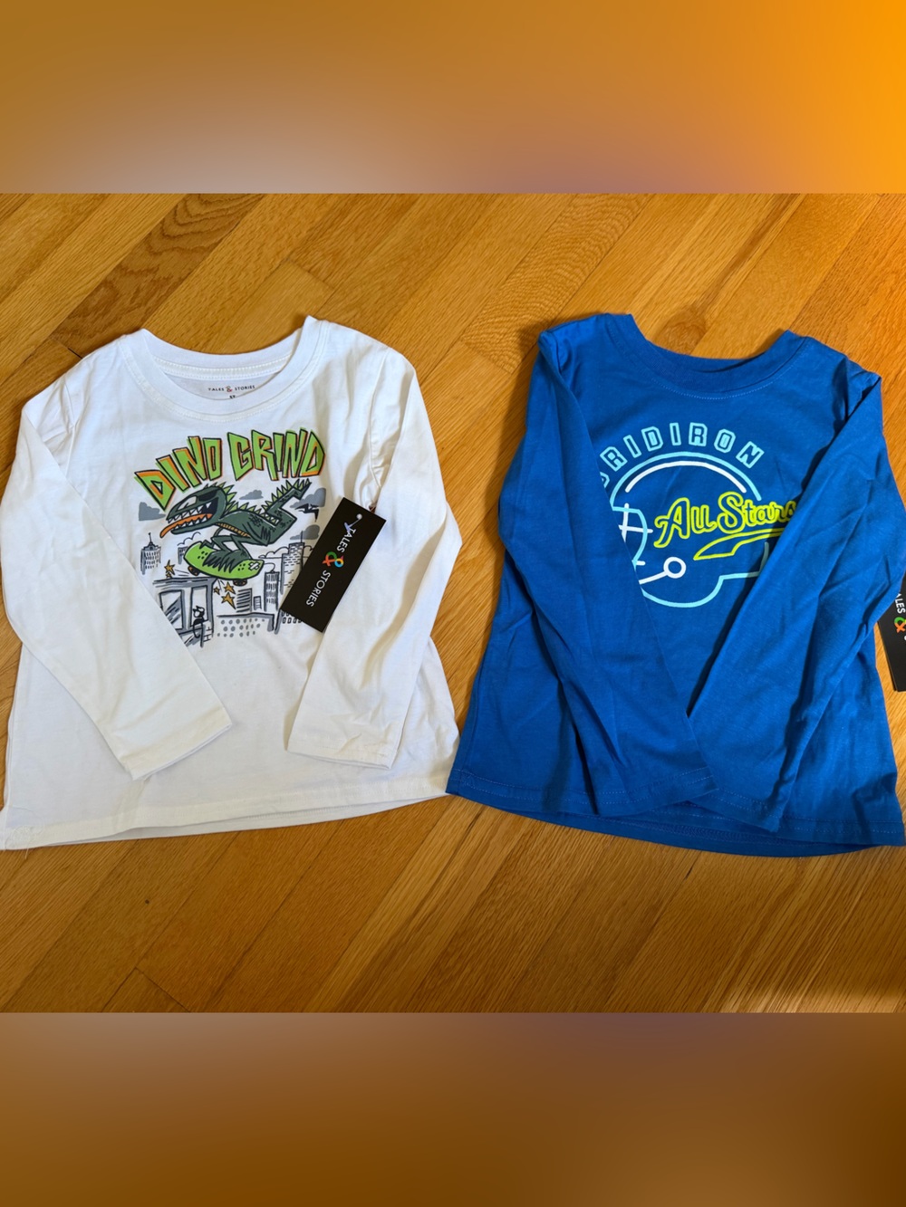 Kids Long Sleeve Tees - White Dino Grind & Blue All-Star